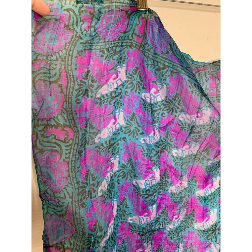 Green Pink Purple Floral Batik? Silk Scarf 29 x 27